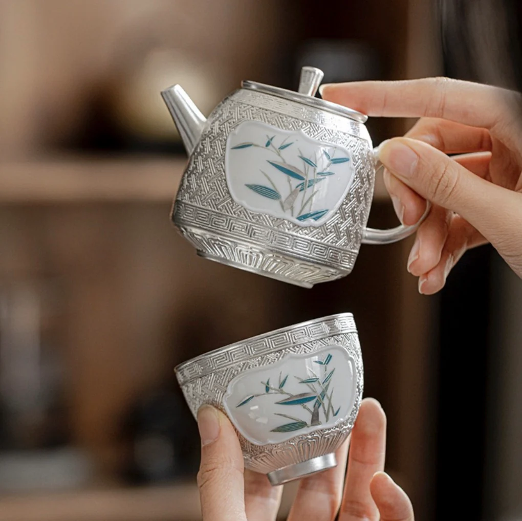 999 Sterling Silver Bamboo Tea Pot - Image 2