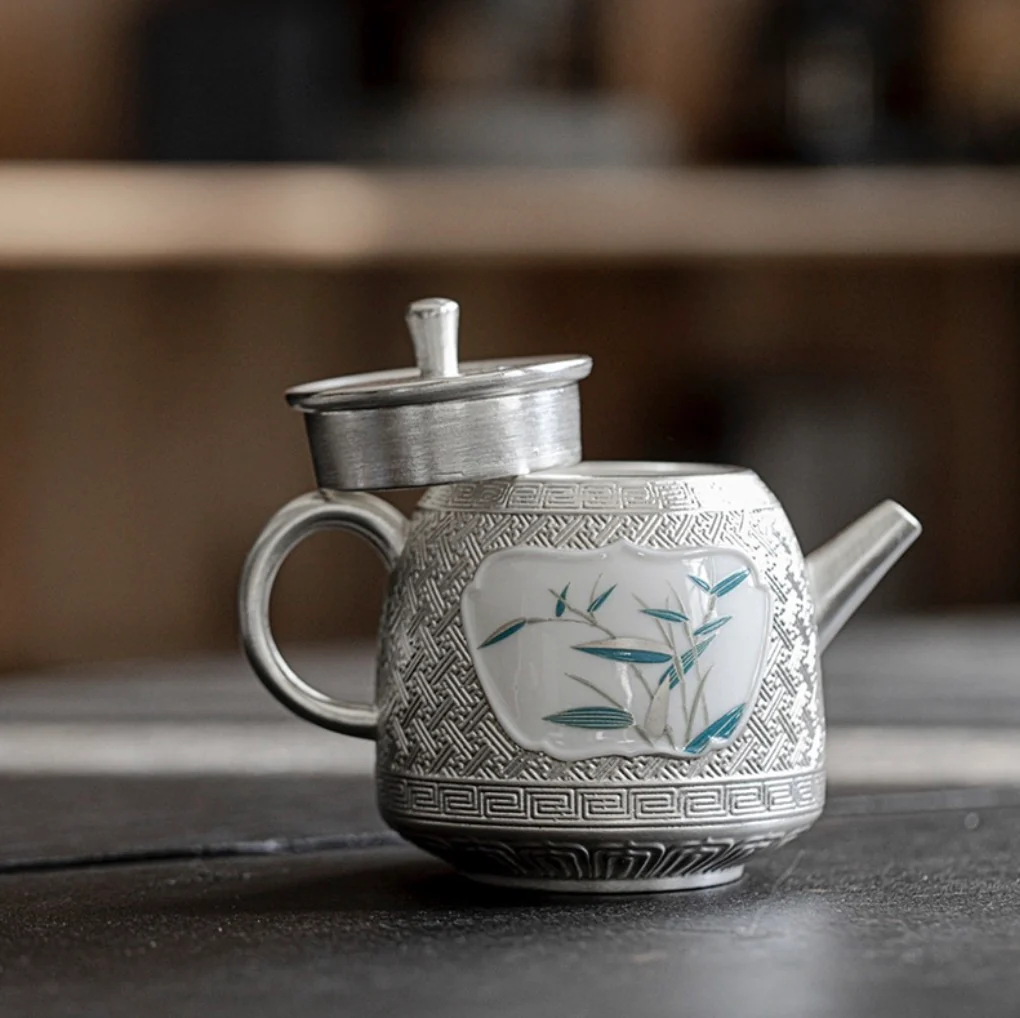 999 Sterling Silver Bamboo Tea Pot - Image 3