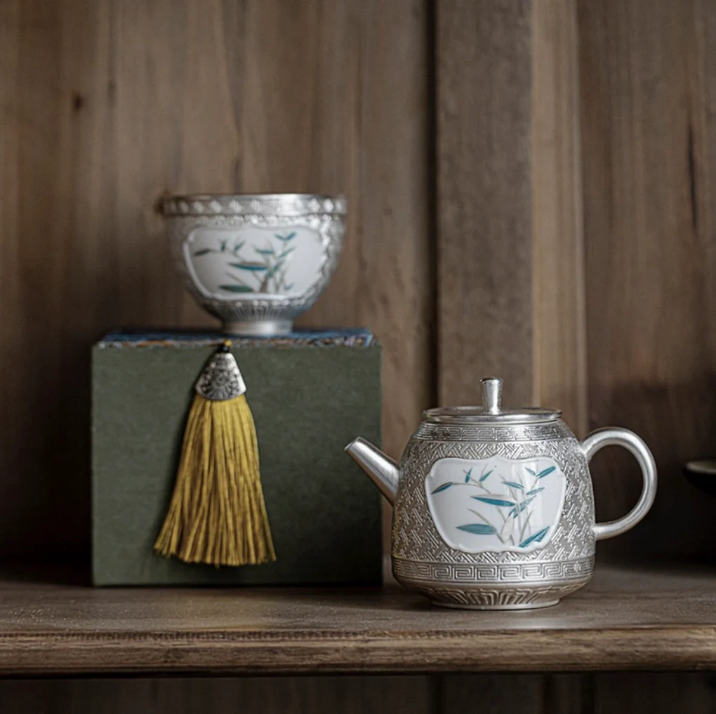 999 Sterling Silver Bamboo Tea Pot - Image 4