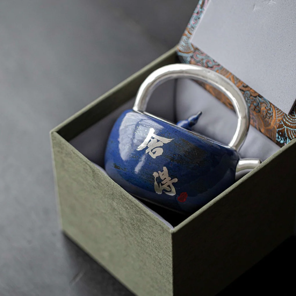 999 Sterling Silver Blue Tea Pot (with Handle) - Image 3