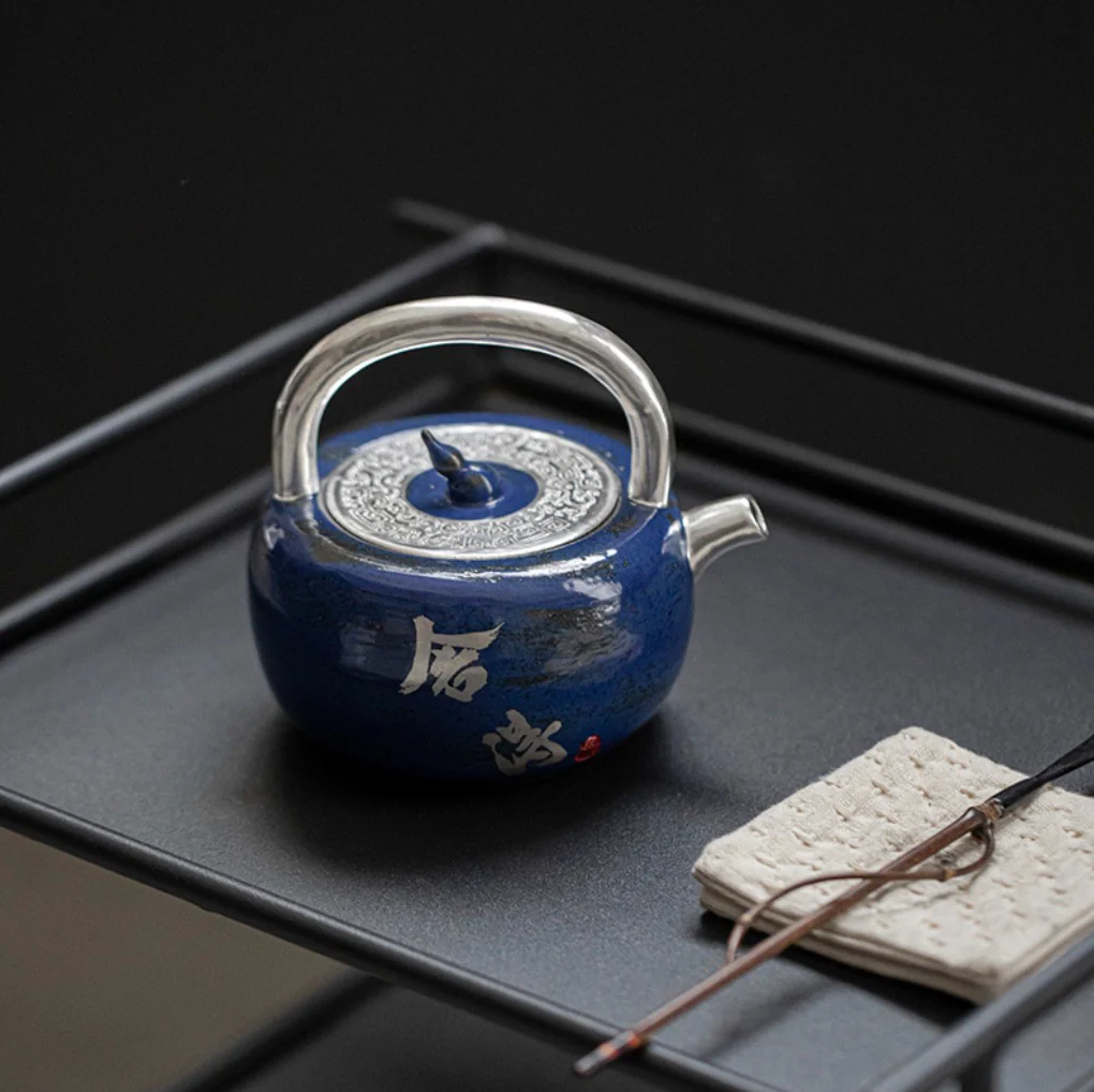 999 Sterling Silver Blue Tea Pot (with Handle) - Image 4