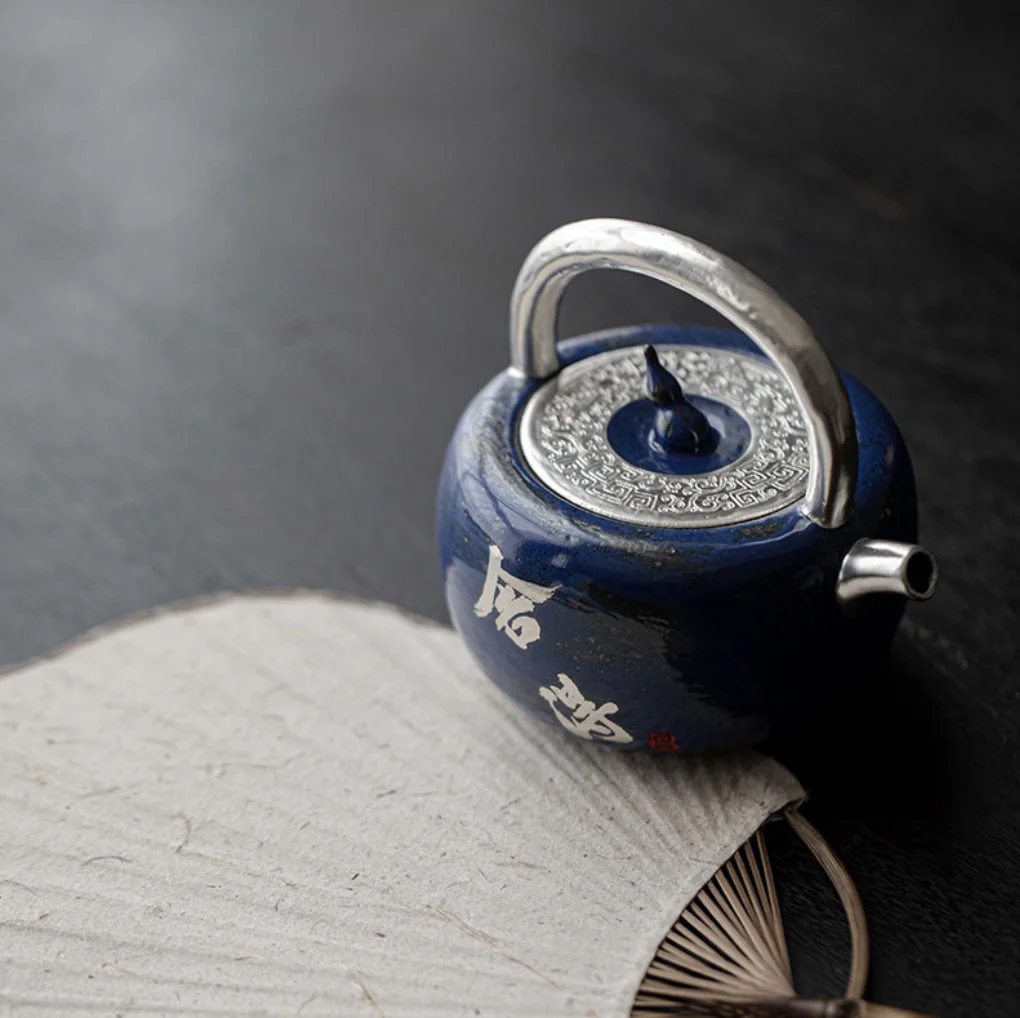 999 Sterling Silver Blue Tea Pot (with Handle) - Image 5
