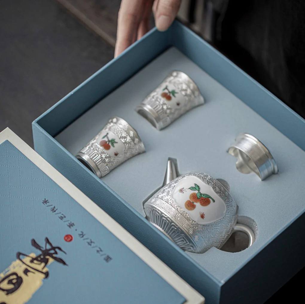 999 Sterling Silver Lychee Tea Pot Set (Gift Box) - Image 2