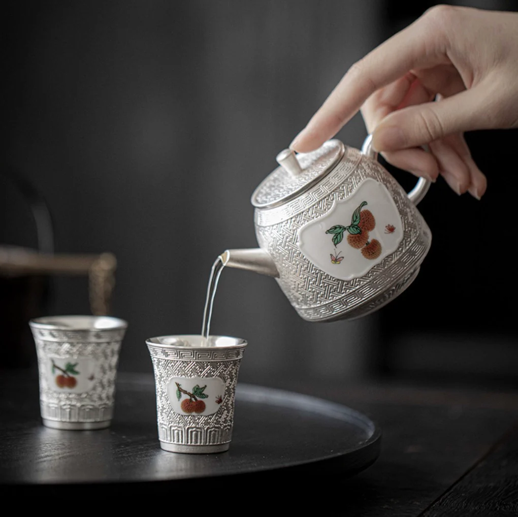 999 Sterling Silver Lychee Tea Pot Set (Gift Box) - Image 3