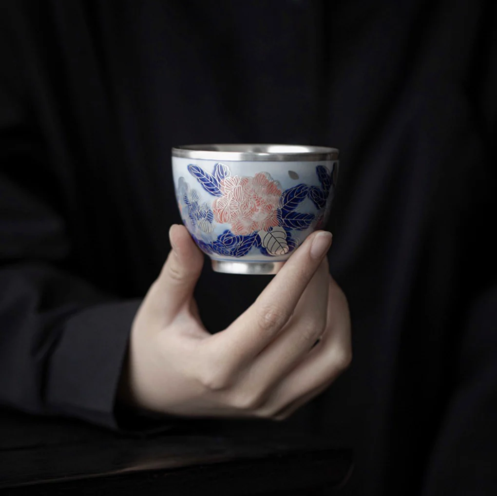 999 Sterling Silver Peony Tea Cup - Image 5