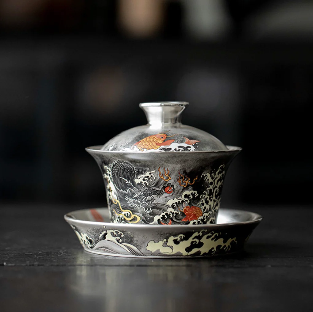 999 Sterling Silver Dragon Tea Bowl Set - Image 2