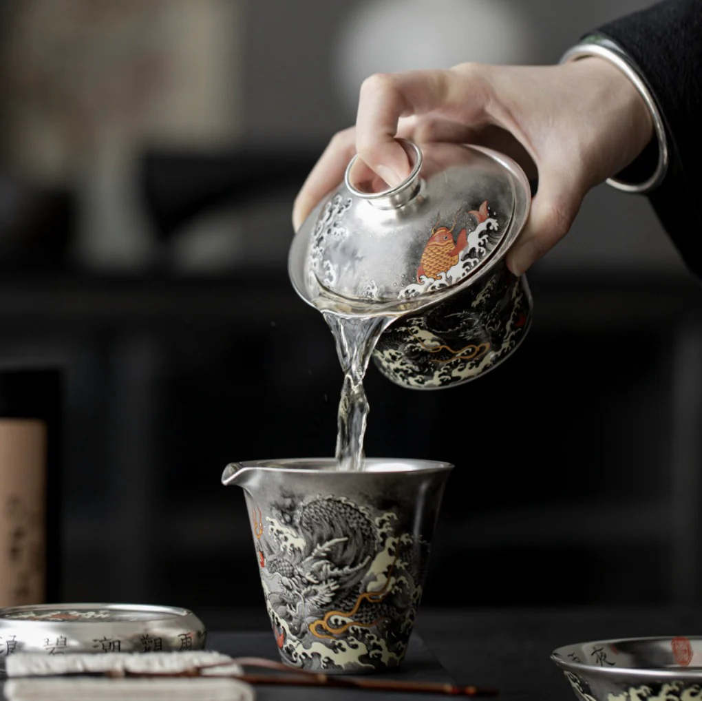 999 Sterling Silver Dragon Tea Bowl Set - Image 3