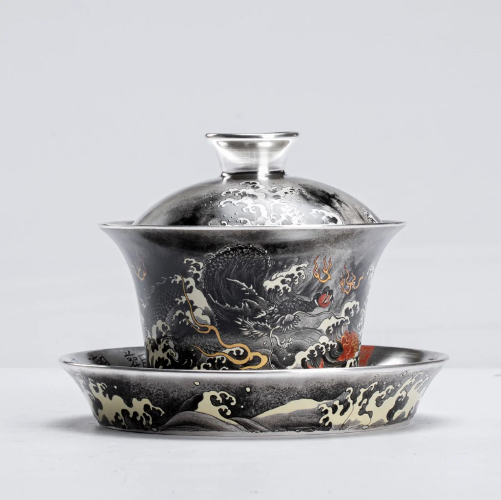 999 Sterling Silver Dragon Tea Bowl Set - Image 5