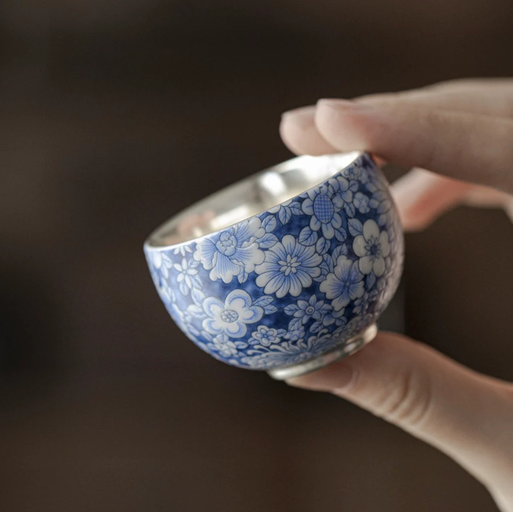 999 Sterling Silver Qing Hua Thousand Flowers Round Tea Cup - Image 2