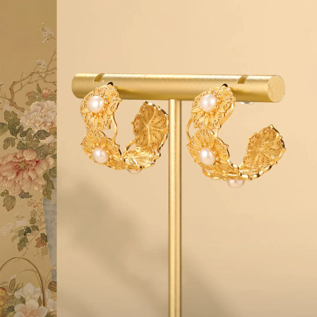Gold Vermeil Blooming Flower Pearl Hoop Earrings