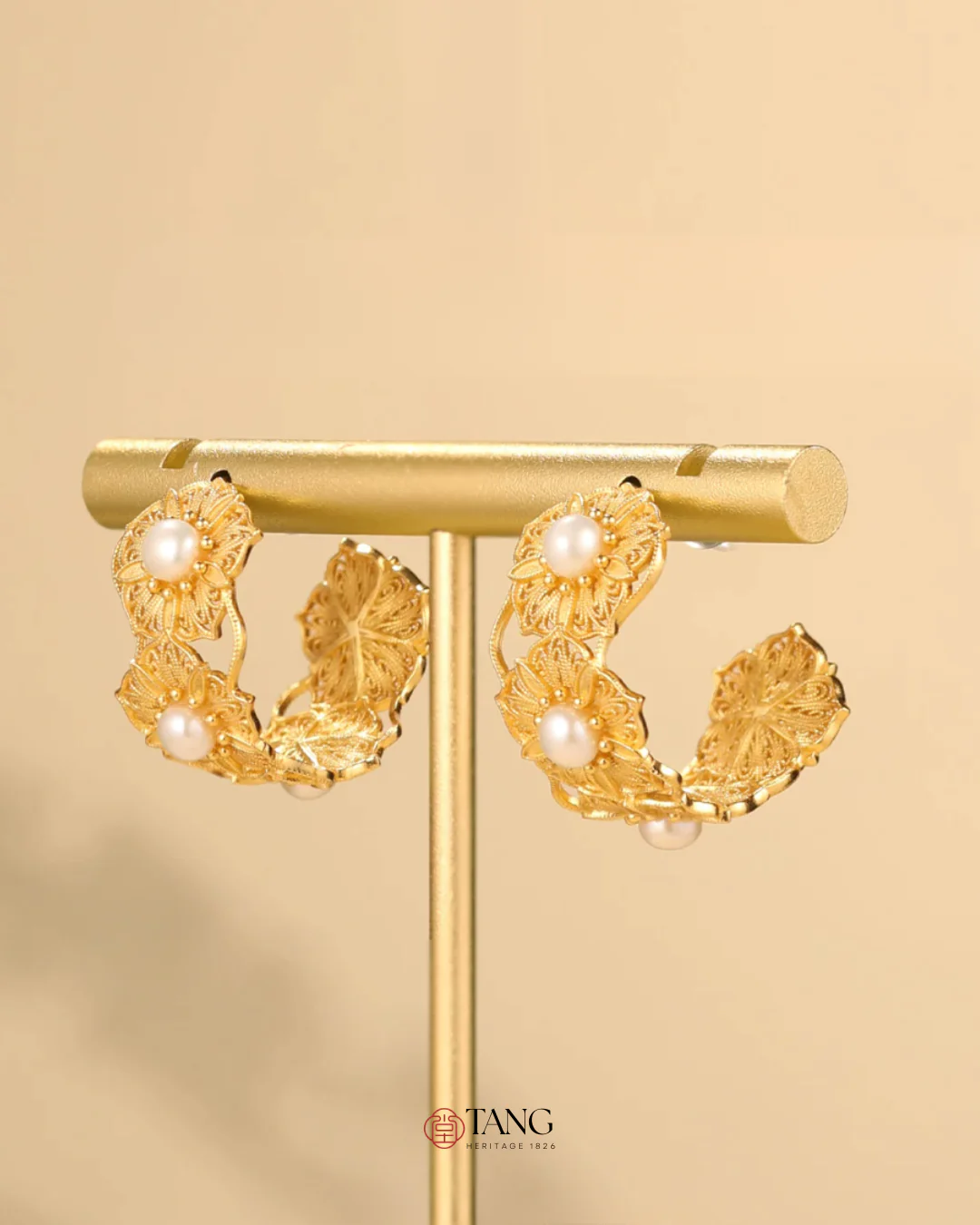 Gold Vermeil Blooming Flower Pearl Hoop Earrings - Image 2