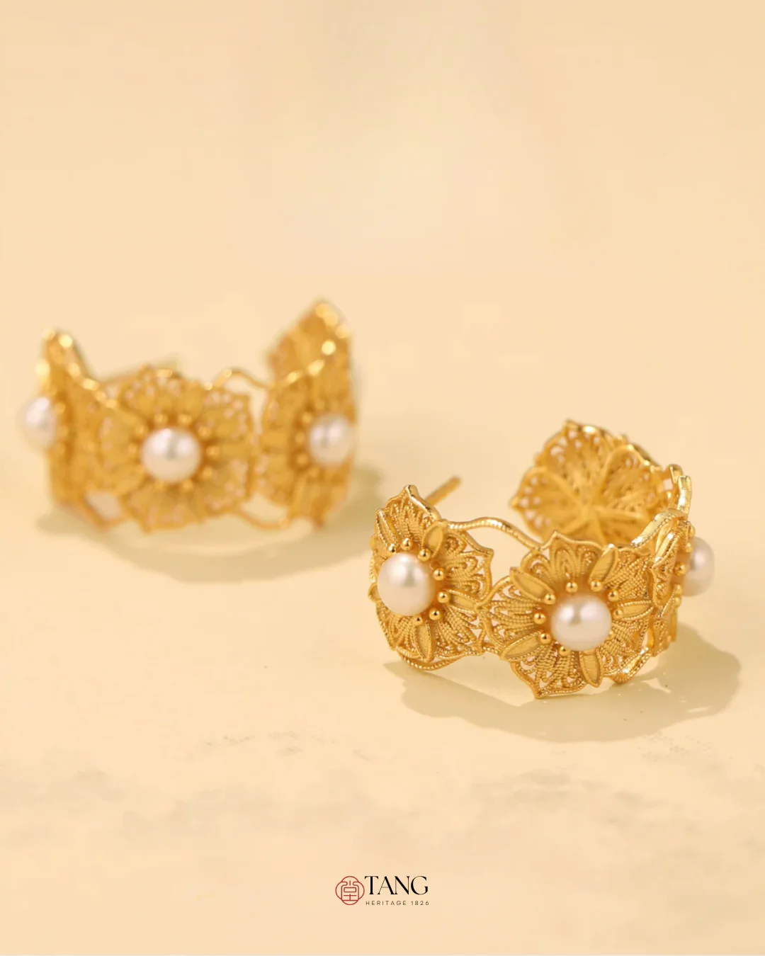 Gold Vermeil Blooming Flower Pearl Hoop Earrings - Image 5