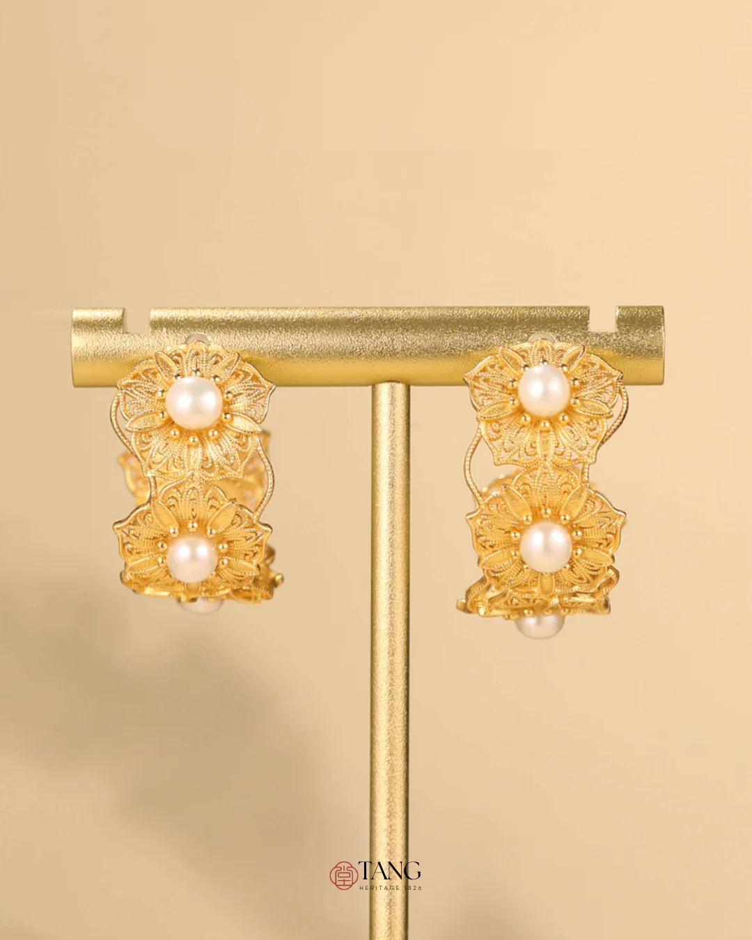 Gold Vermeil Blooming Flower Pearl Hoop Earrings - Image 9
