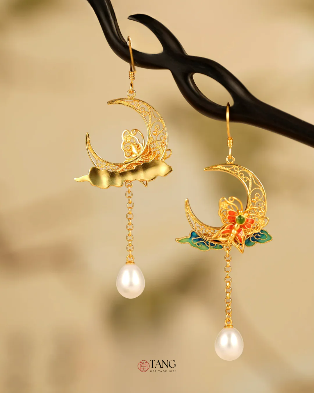 Gold Vermeil Crescent Moon Butterfly Pearl Earrings - Image 5