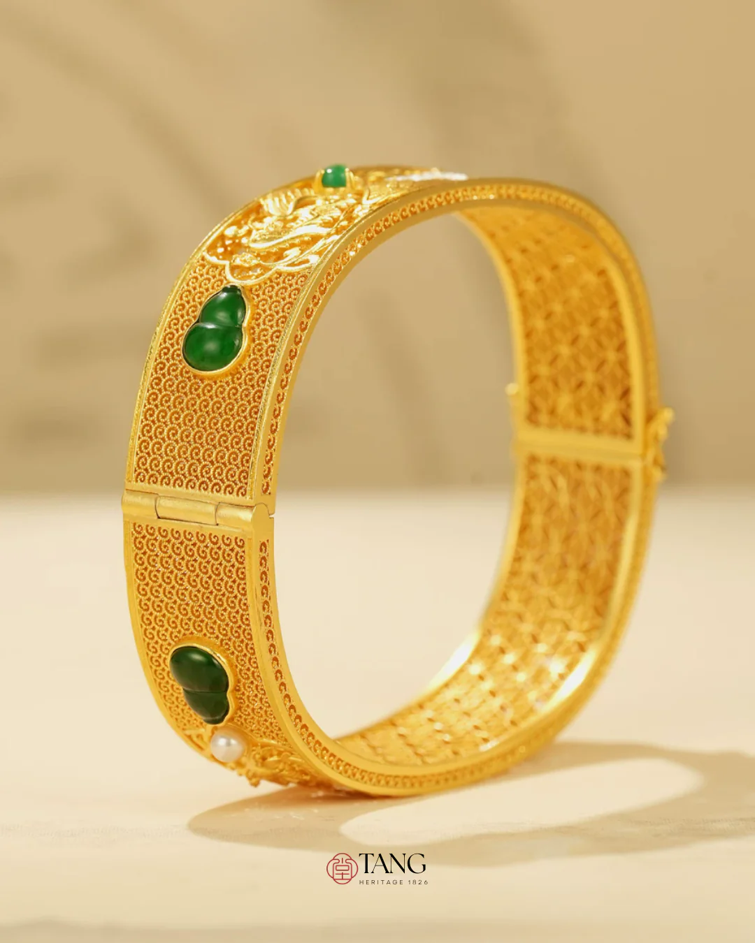 Gold Vermeil Dragon Phoenix Jadeite Bangle - Image 10