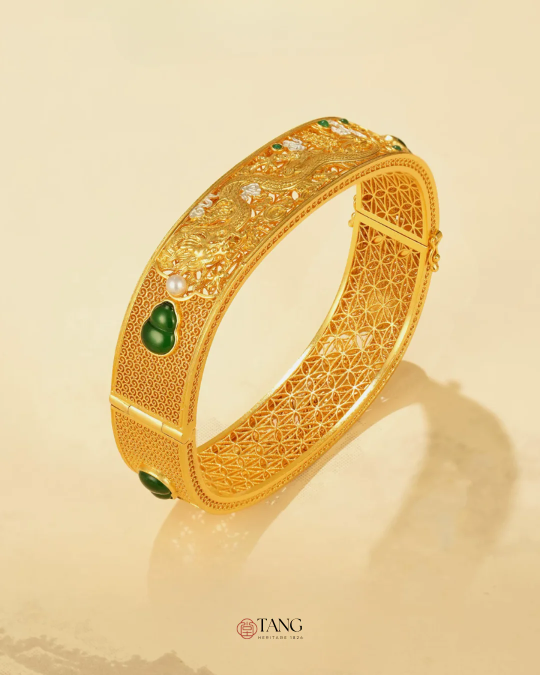 Gold Vermeil Dragon Phoenix Jadeite Bangle - Image 5