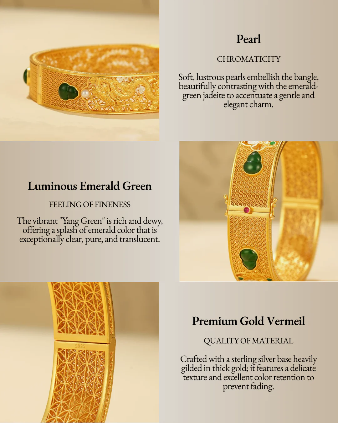 Gold Vermeil Dragon Phoenix Jadeite Bangle - Image 6