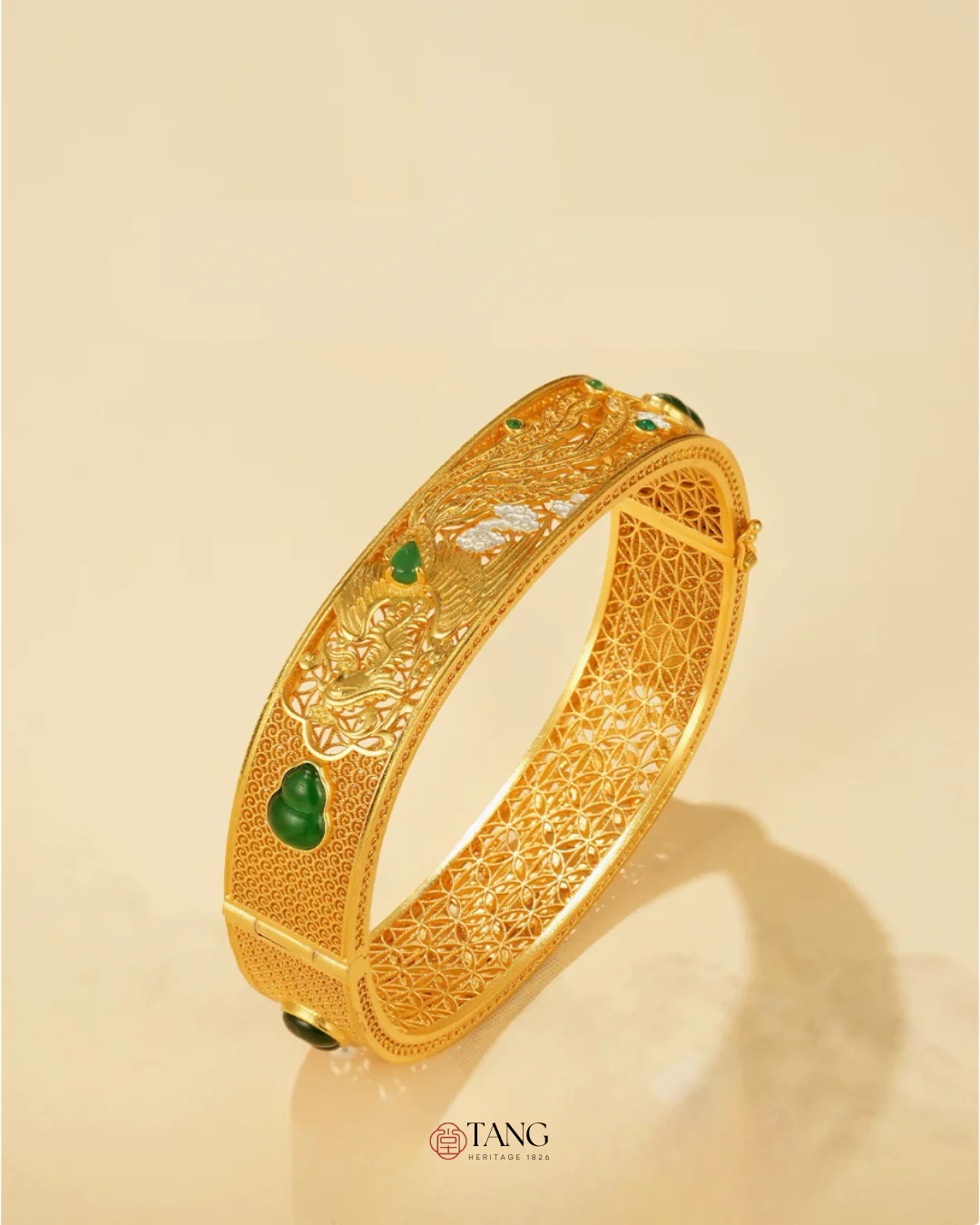 Gold Vermeil Dragon Phoenix Jadeite Bangle - Image 8