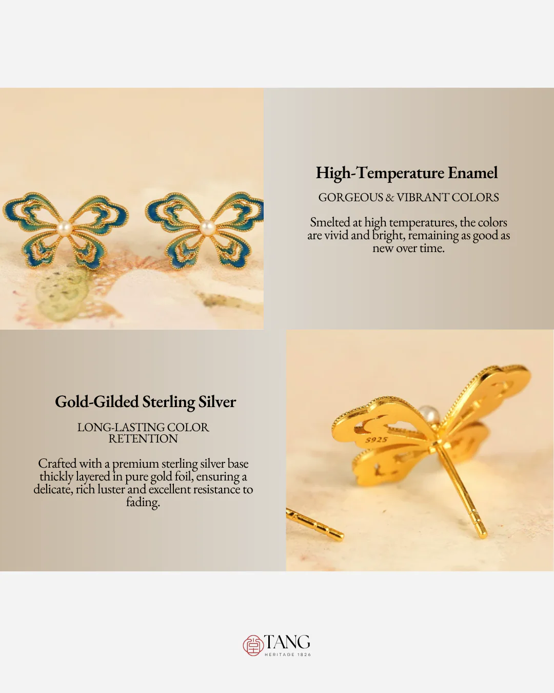Gold Vermeil Enamel Butterfly Pearl Earrings - Image 4