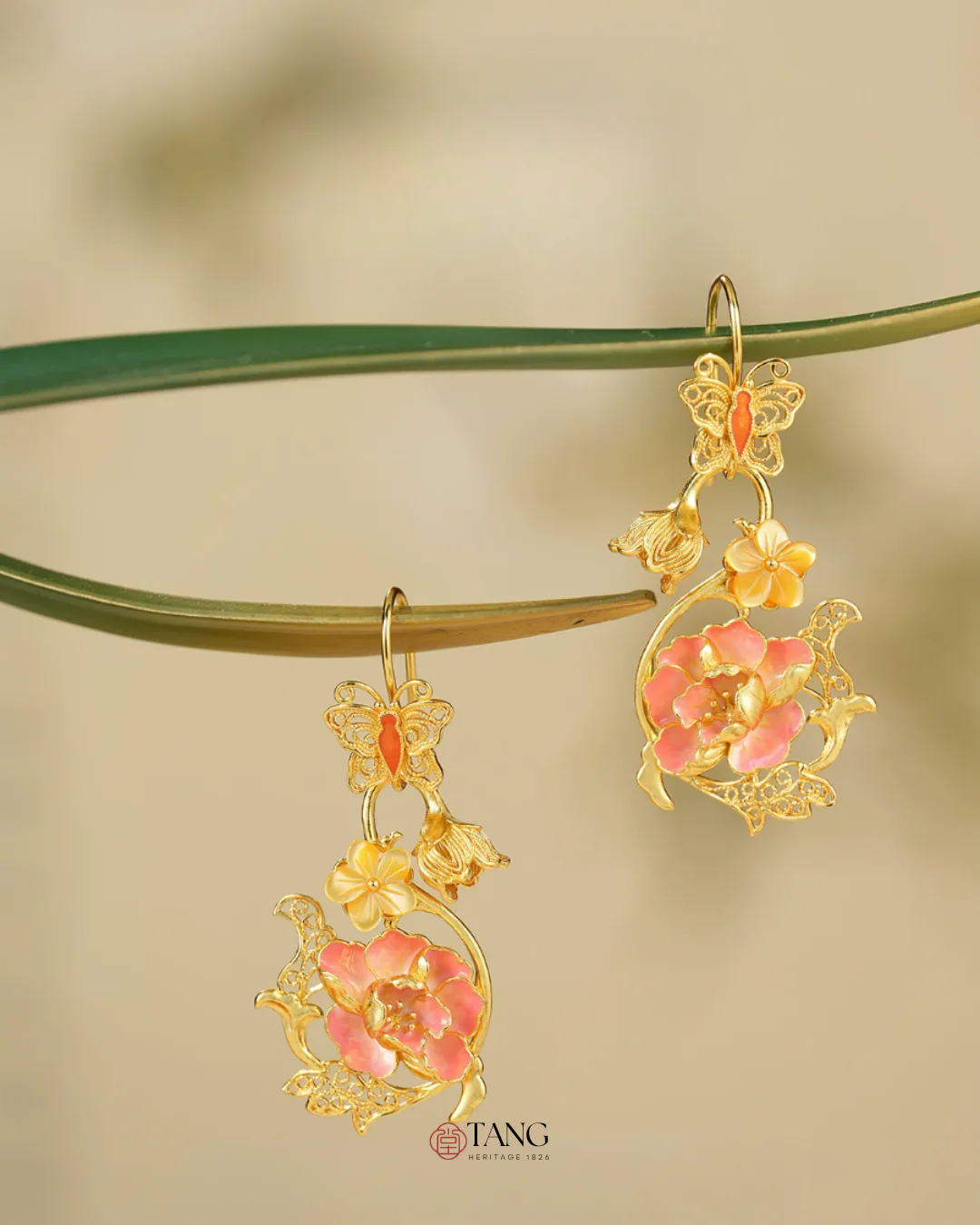Gold Vermeil Hibiscus Butterfly Enamel Earrings - Image 9