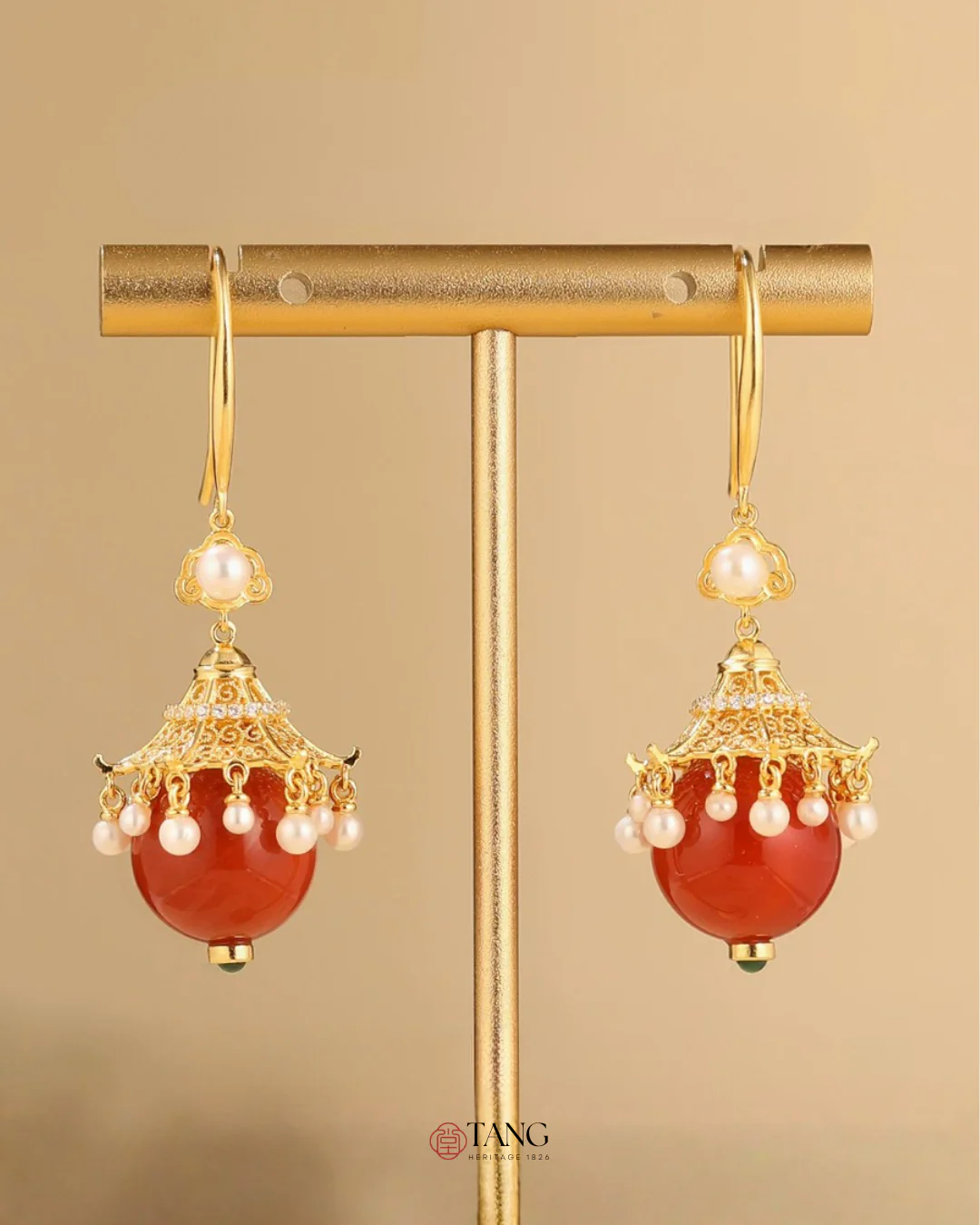 Gold Vermeil Palace Lantern Agate Pearl Earrings - Image 2