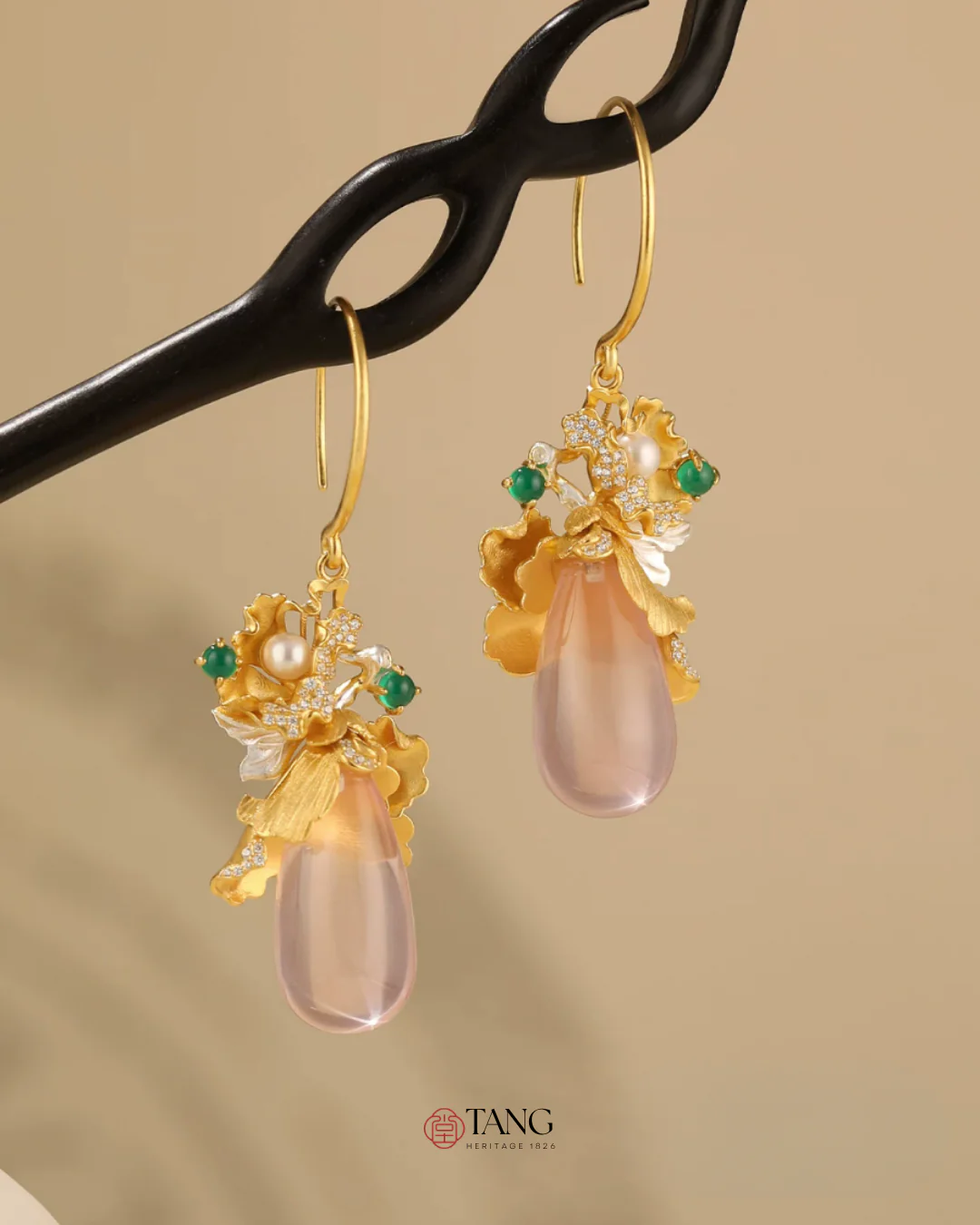 Gold Vermeil Peony Rose Quartz Drop Earrings - Image 3
