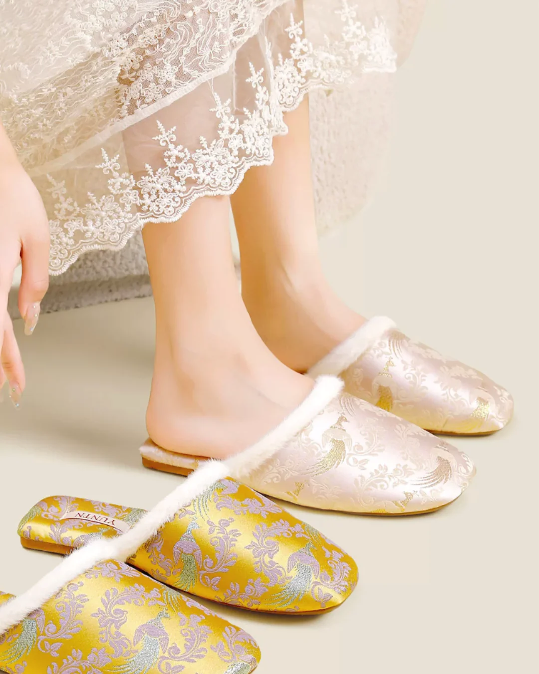 Golden Peacock Luxury Satin Women Indoor Slipper - Image 4