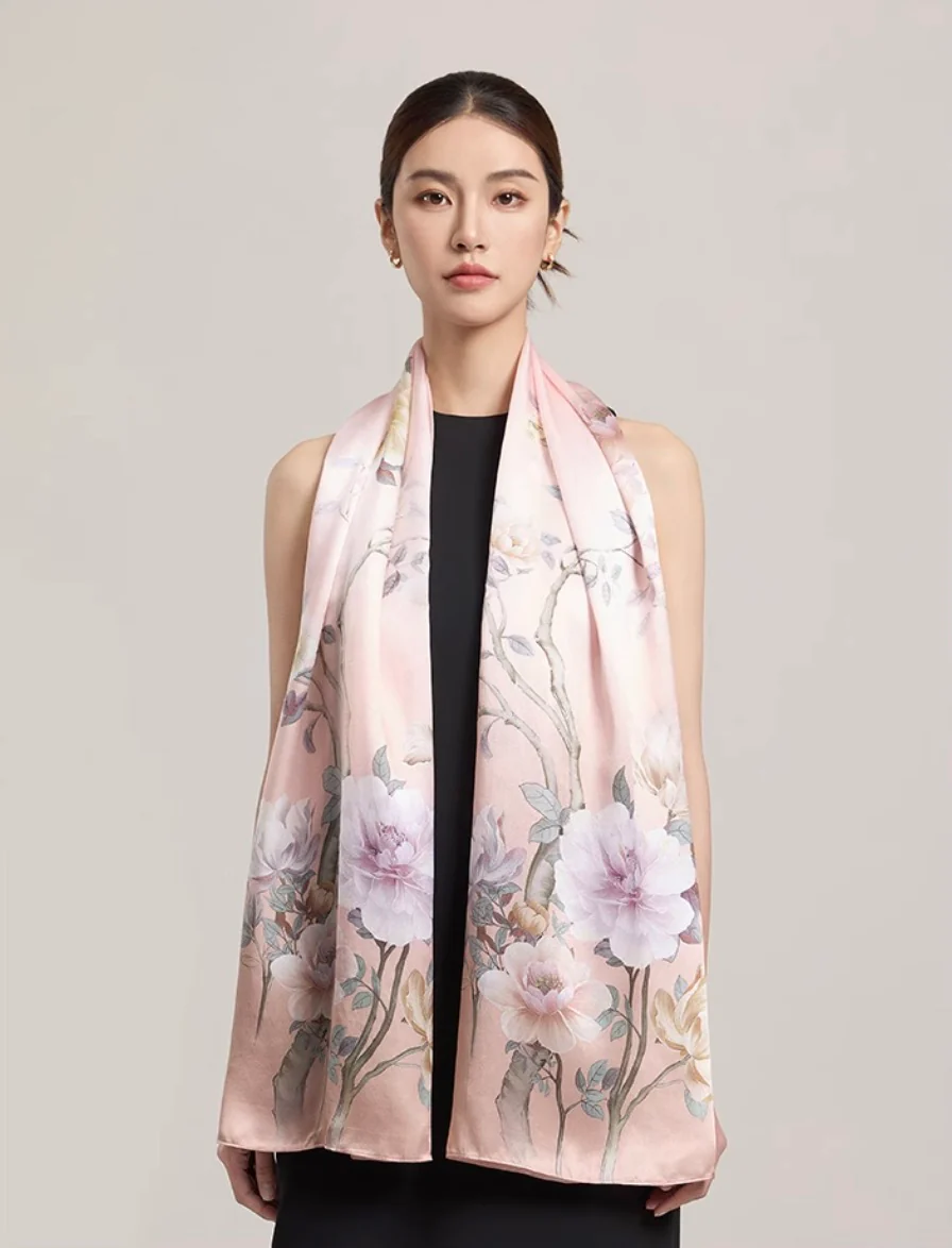 Melody of Peonies Mulberry Silk Scarf (170x53cm) - Image 4