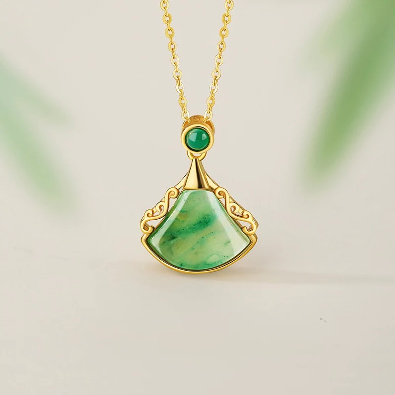 Mountain Mist African Jade Ruyi Fan Necklace