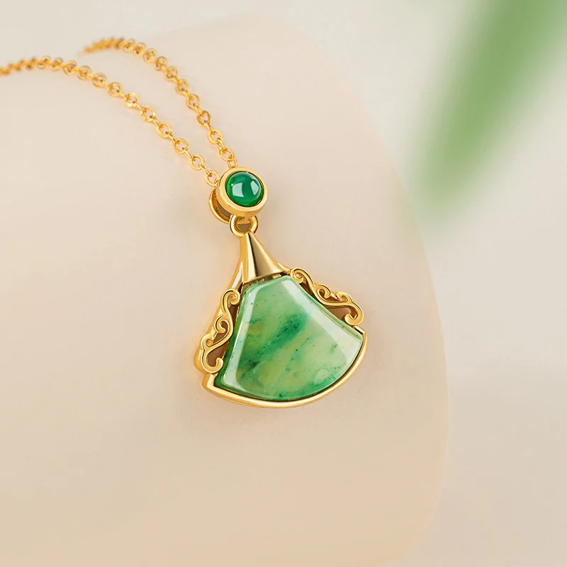 Mountain Mist African Jade Ruyi Fan Necklace - Image 3