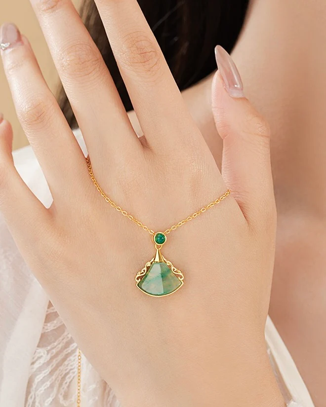 Mountain Mist African Jade Ruyi Fan Necklace - Image 4