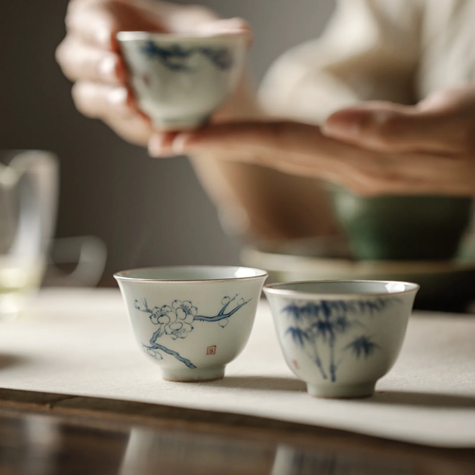 Qing Hua 3-Set Silver Lining Tea Cups - Image 4