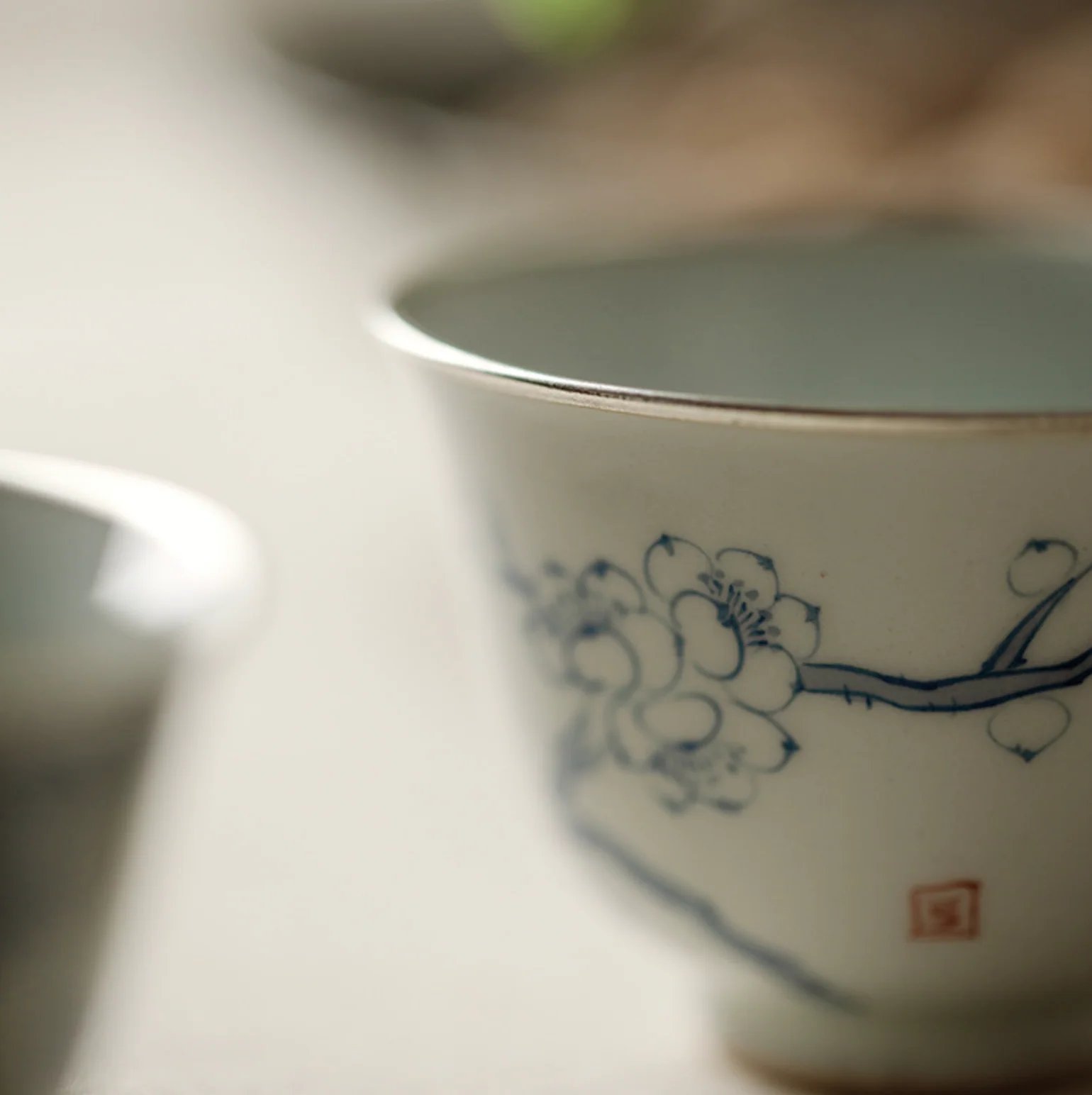 Qing Hua 3-Set Silver Lining Tea Cups - Image 8