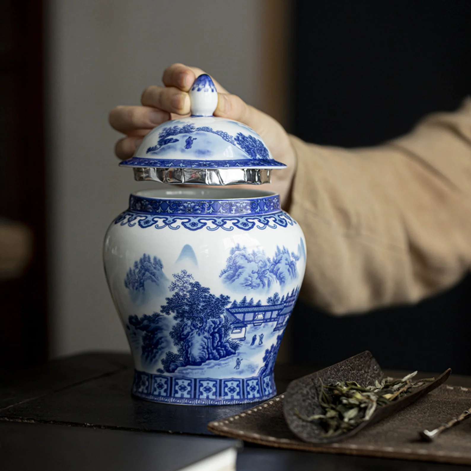 Qing Hua Mountain Lanscape Tea Canister - Image 4