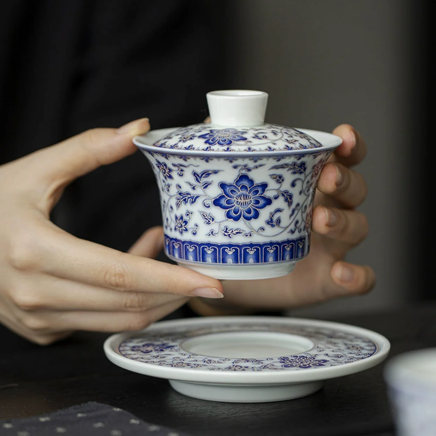 Qing Hua Lotus Vines Sancai Gaiwan Tea Cup - Image 2