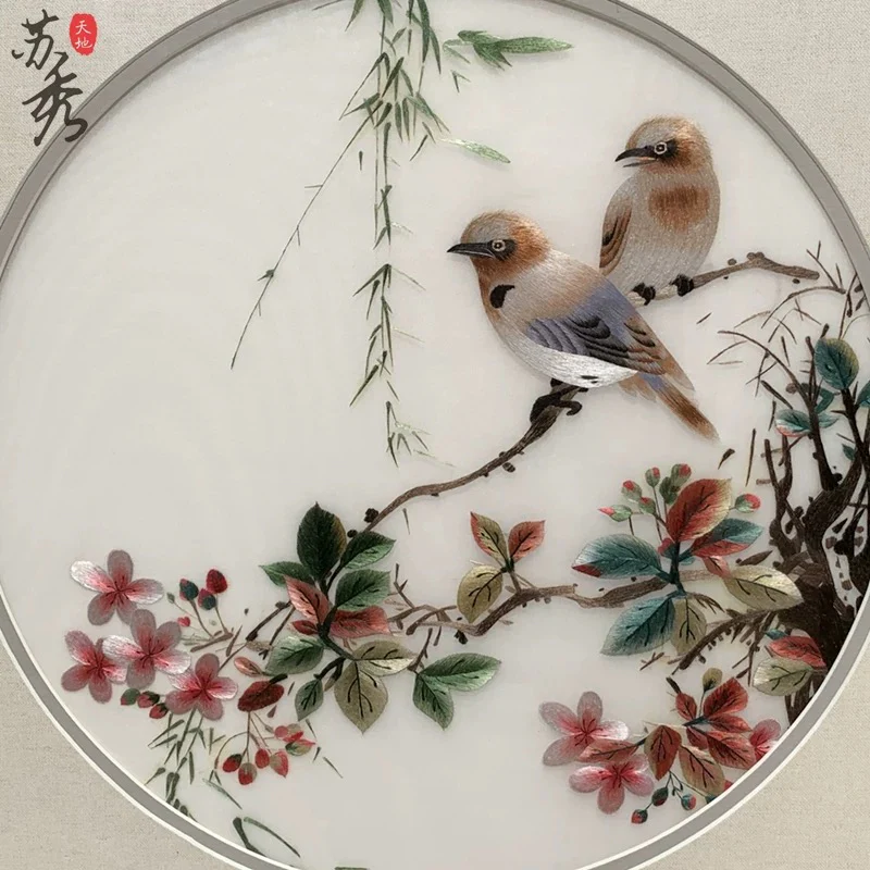 Su Embroidery Framed Wall Painting Art | Sparrows Among Autumn Blossom - Image 3