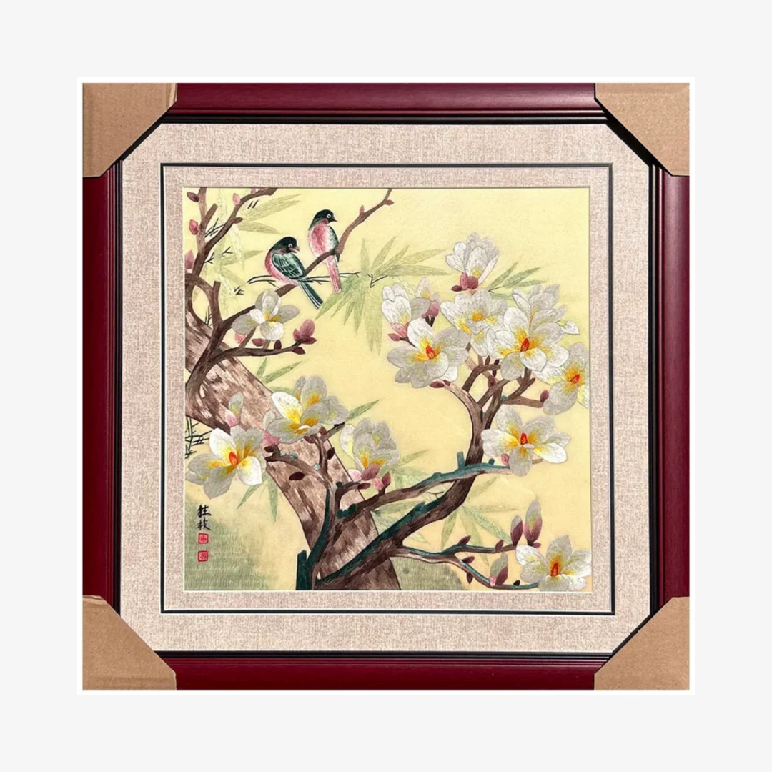 Su Embroidery Framed Wall Painting Art | Two Birds Among Magnolia Blossom