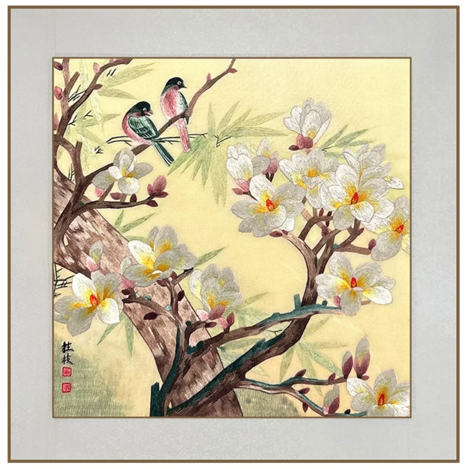 Su Embroidery Framed Wall Painting Art | Two Birds Among Magnolia Blossom - Image 6