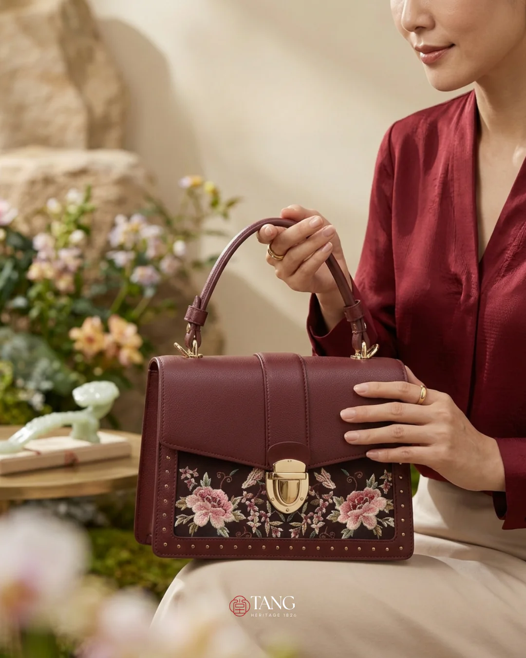 Tang Red 22 Embroidered Peony Garden Crossbody Bag - Image 5