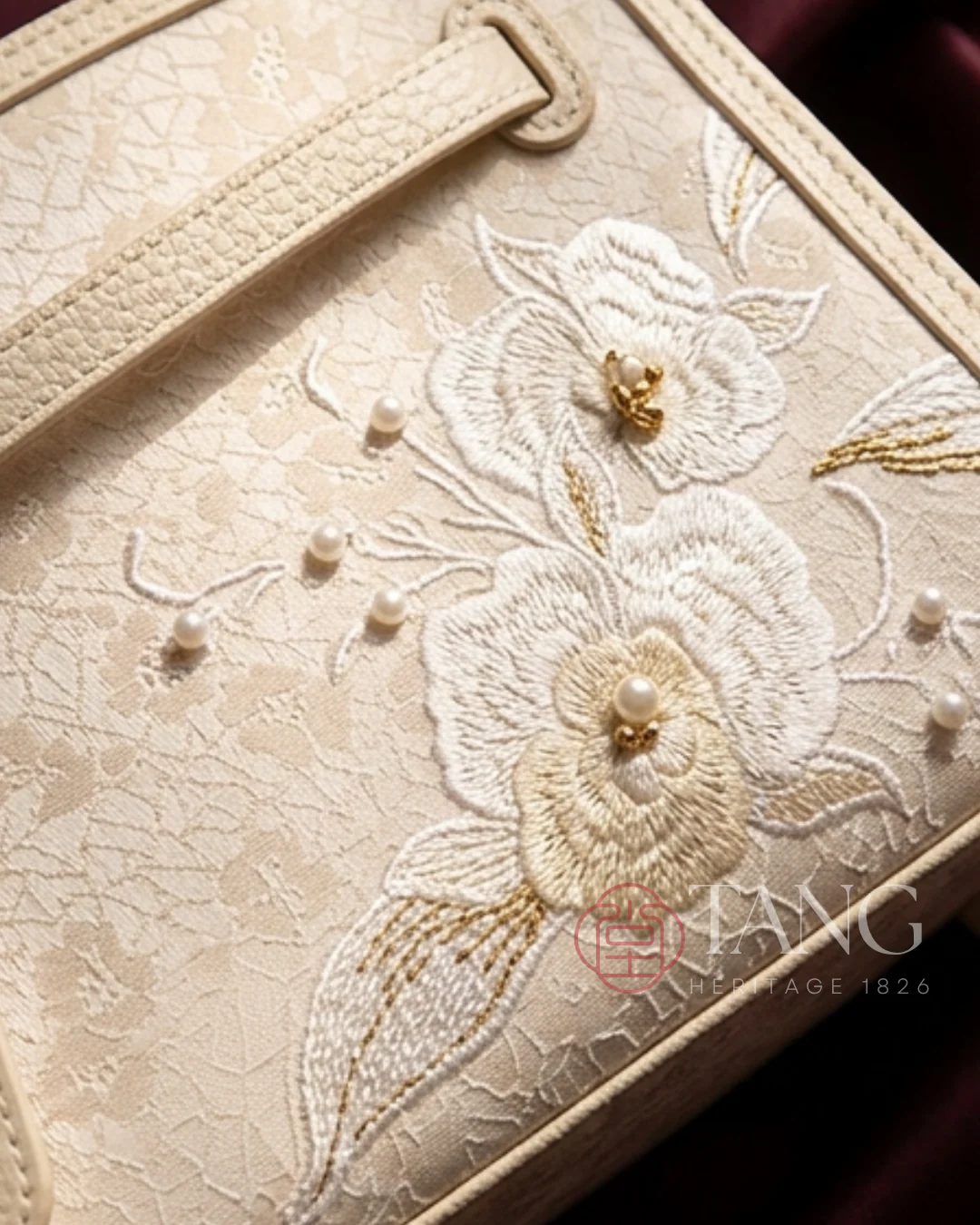 Tang Red 22 Silk Embroidered Orchid Pearl Tote - Image 5