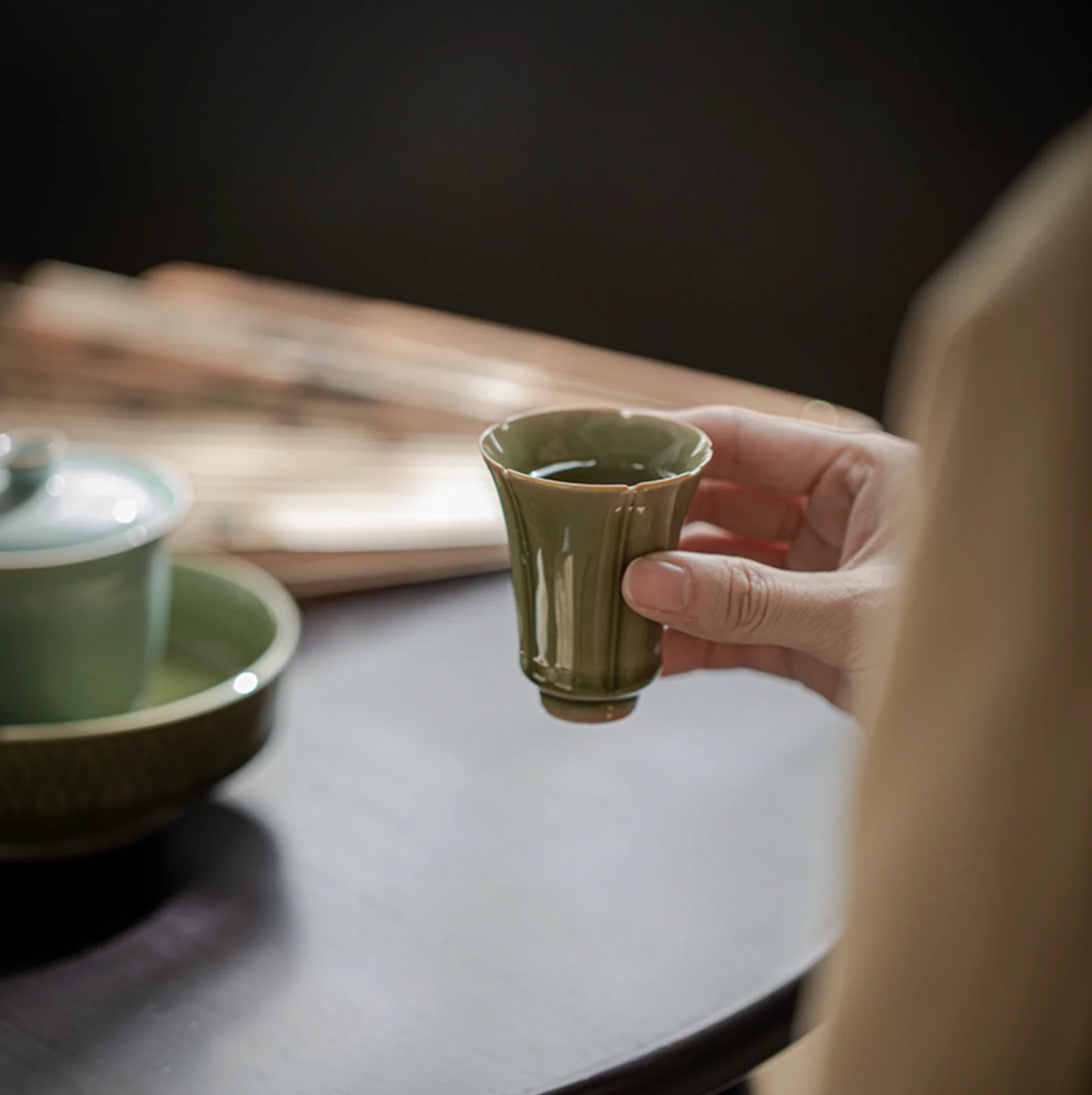 Yue Kiln Flower Mouth Tall Tea Cup - Image 3